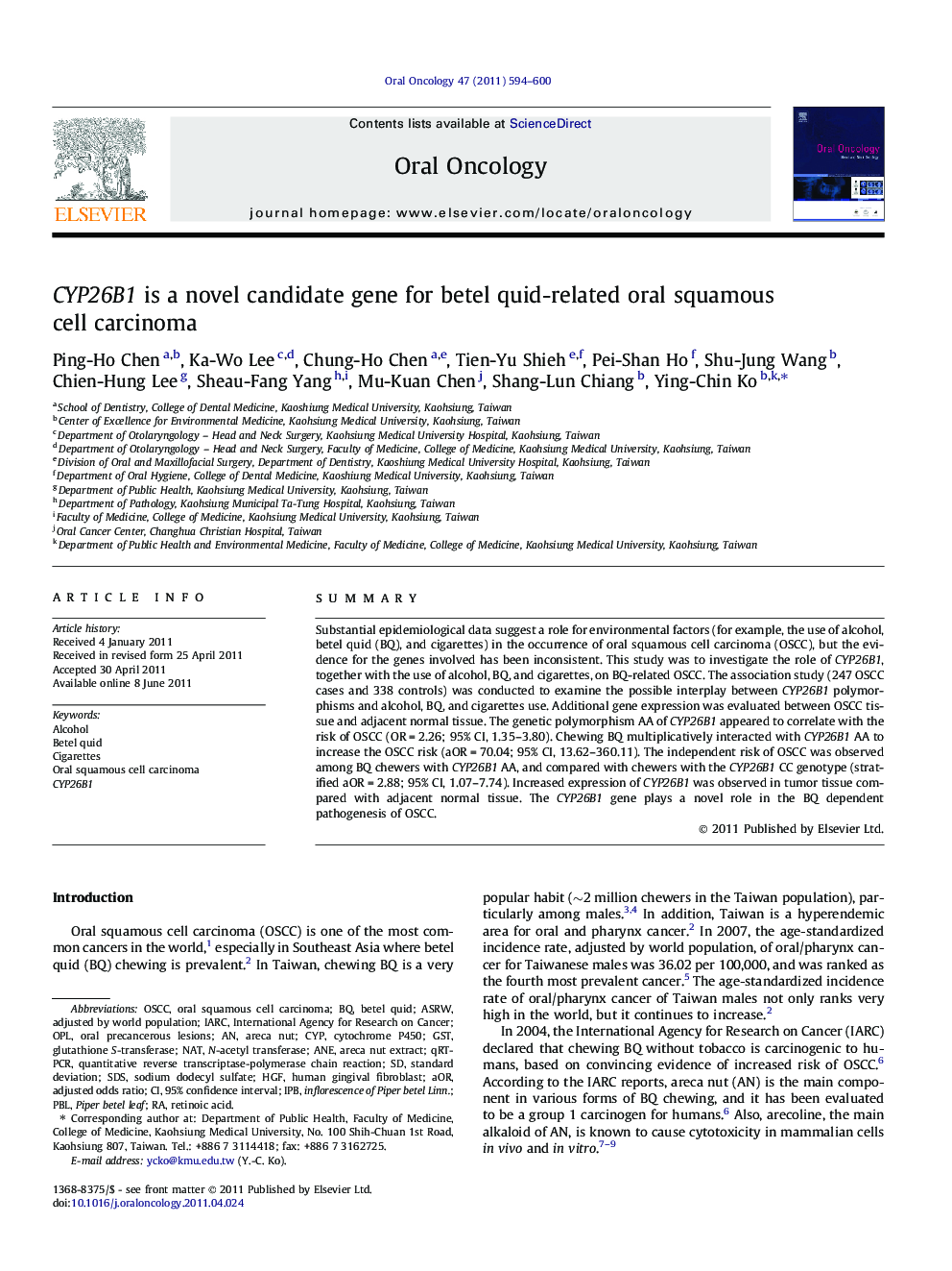 CYP26B1 is a novel candidate gene for betel quid-related oral squamous cell carcinoma