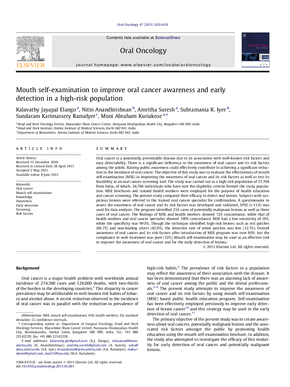 Mouth self-examination to improve oral cancer awareness and early detection in a high-risk population