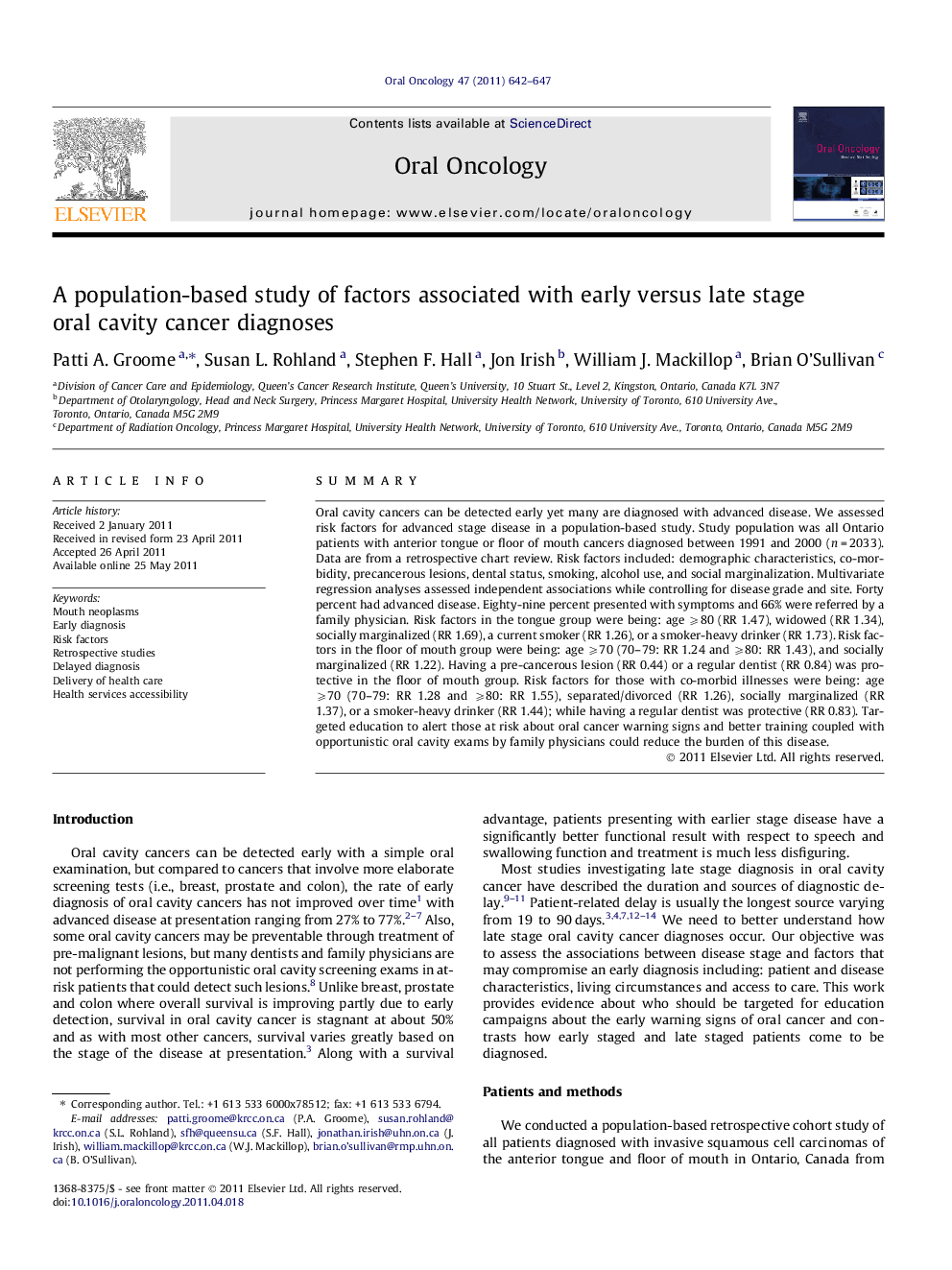 A population-based study of factors associated with early versus late stage oral cavity cancer diagnoses