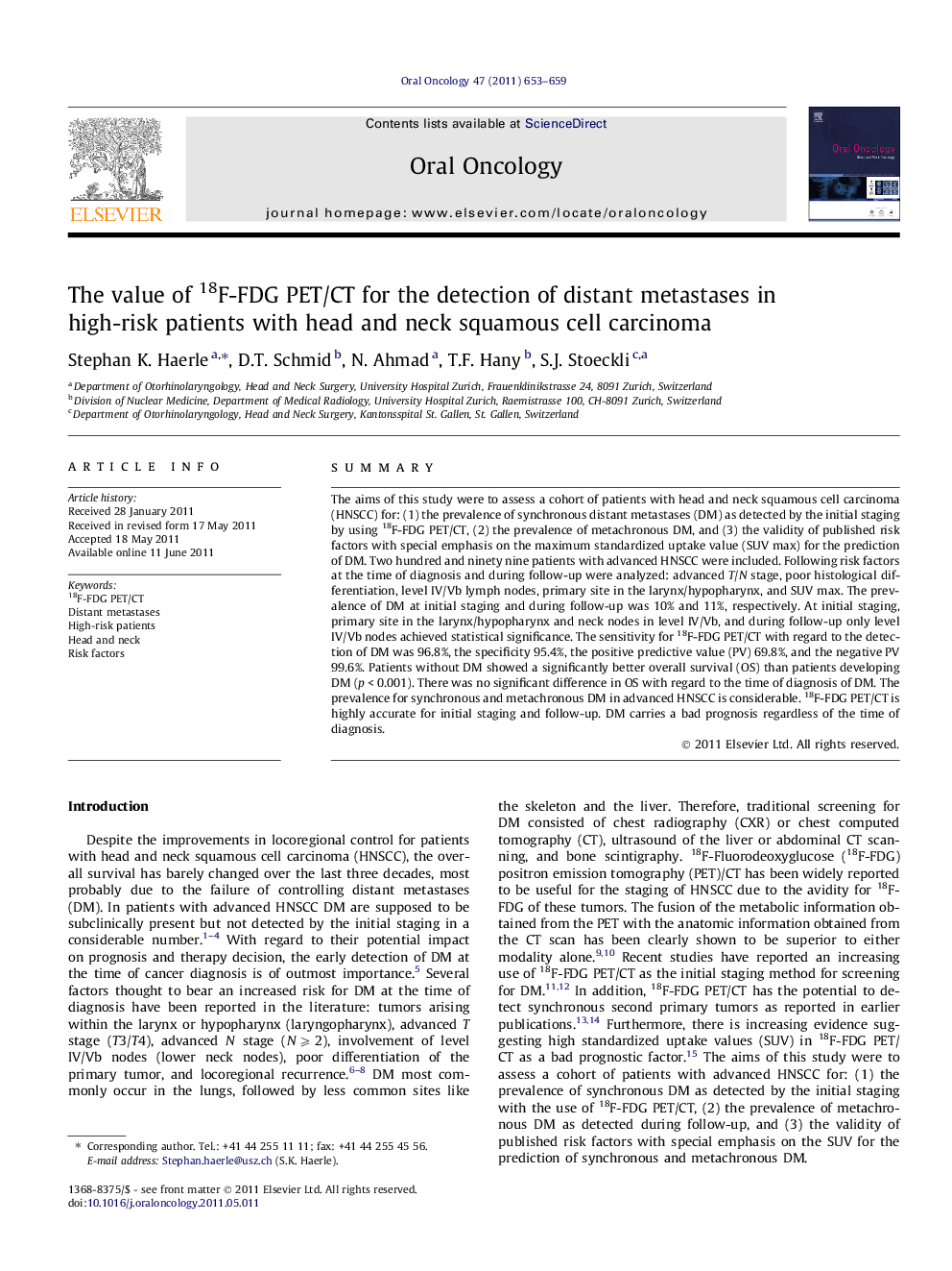 The value of 18F-FDG PET/CT for the detection of distant metastases in high-risk patients with head and neck squamous cell carcinoma