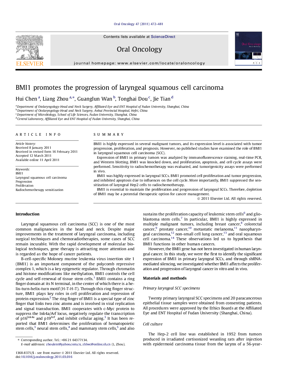 BMI1 promotes the progression of laryngeal squamous cell carcinoma