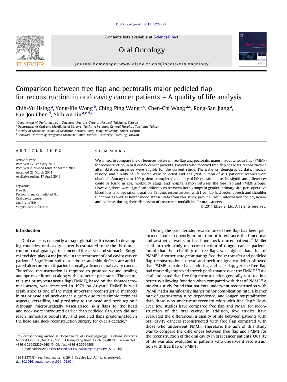 Comparison between free flap and pectoralis major pedicled flap for reconstruction in oral cavity cancer patients – A quality of life analysis