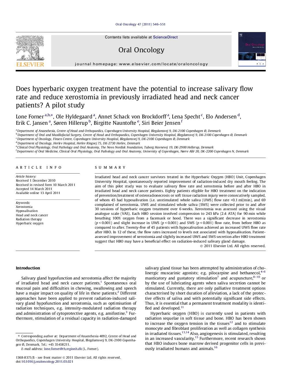 Does hyperbaric oxygen treatment have the potential to increase salivary flow rate and reduce xerostomia in previously irradiated head and neck cancer patients? A pilot study