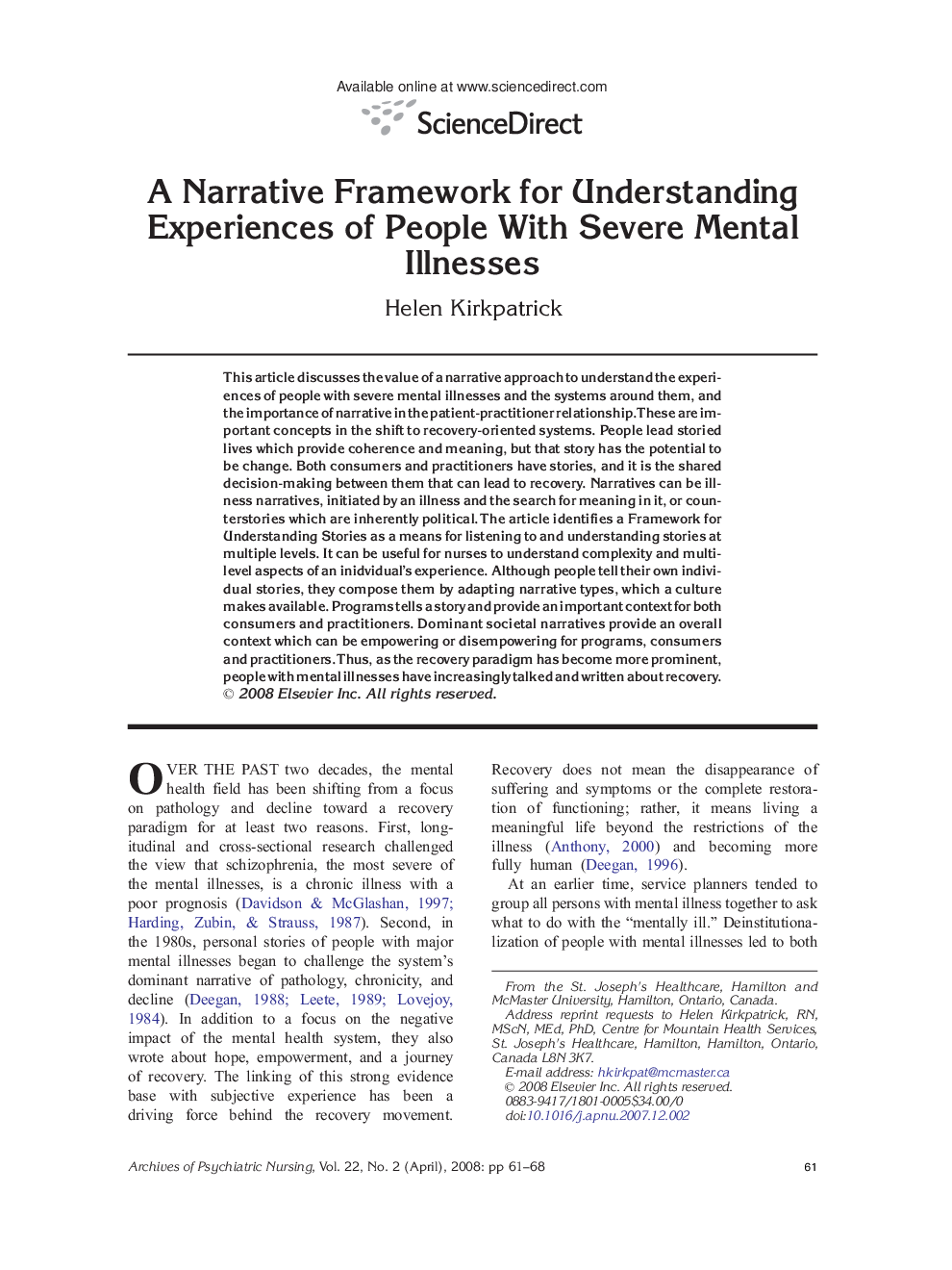A Narrative Framework for Understanding Experiences of People With Severe Mental Illnesses