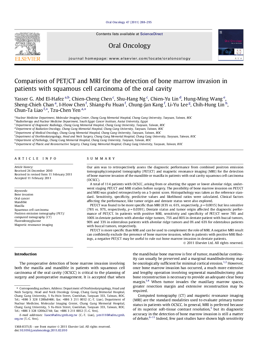 Comparison of PET/CT and MRI for the detection of bone marrow invasion in patients with squamous cell carcinoma of the oral cavity