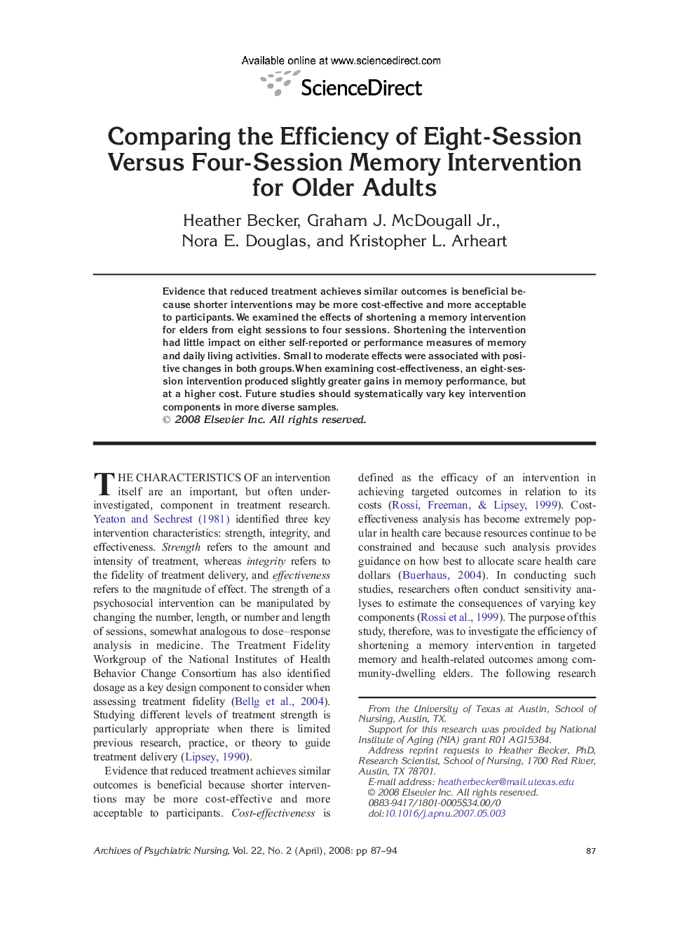 Comparing the Efficiency of Eight-Session Versus Four-Session Memory Intervention for Older Adults 