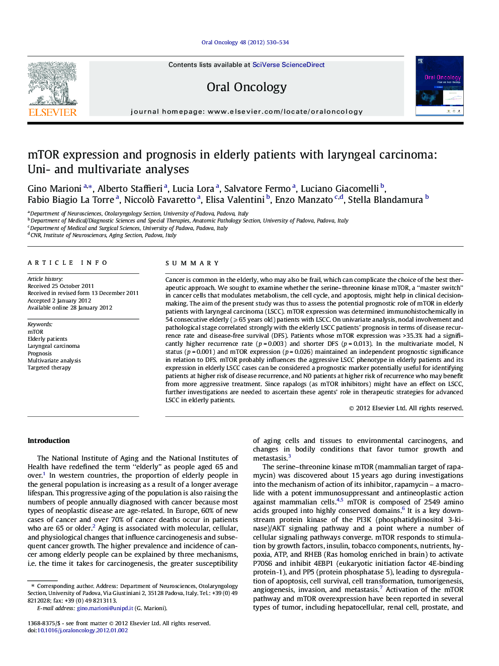 mTOR expression and prognosis in elderly patients with laryngeal carcinoma: Uni- and multivariate analyses