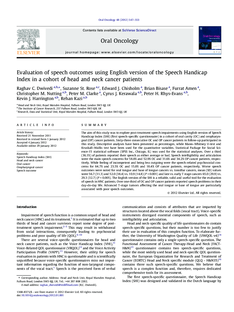 Evaluation of speech outcomes using English version of the Speech Handicap Index in a cohort of head and neck cancer patients