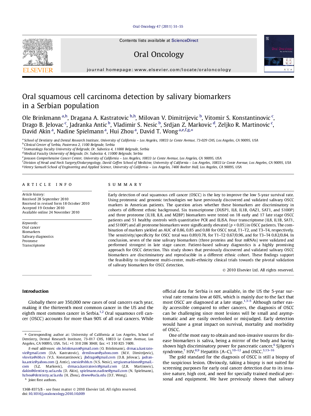 Oral squamous cell carcinoma detection by salivary biomarkers in a Serbian population