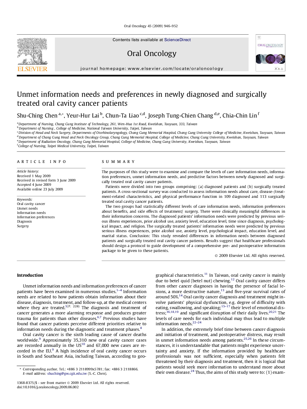 Unmet information needs and preferences in newly diagnosed and surgically treated oral cavity cancer patients