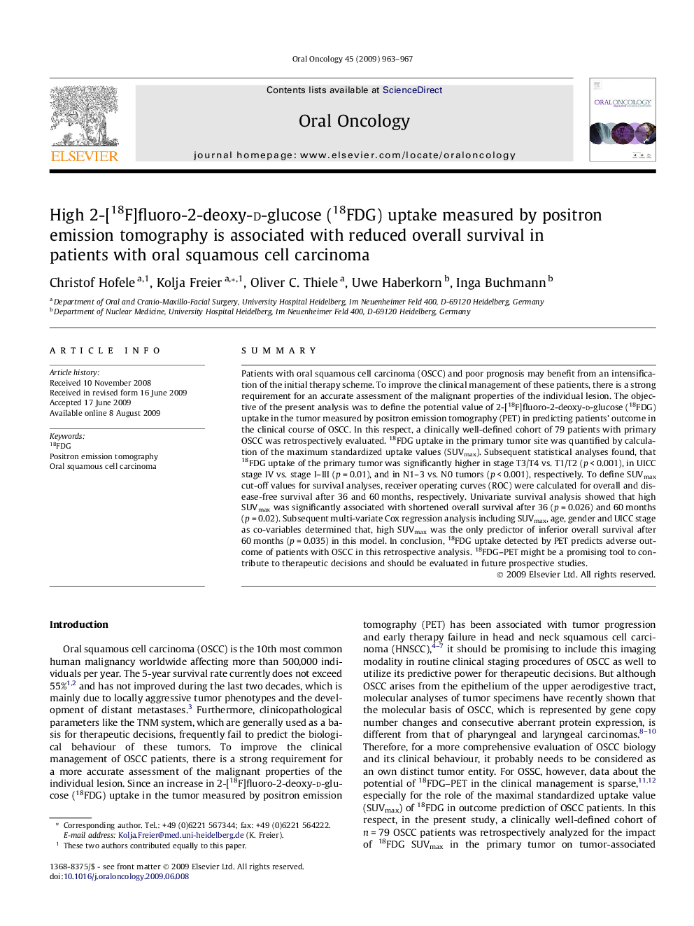 High 2-[18F]fluoro-2-deoxy-d-glucose (18FDG) uptake measured by positron emission tomography is associated with reduced overall survival in patients with oral squamous cell carcinoma