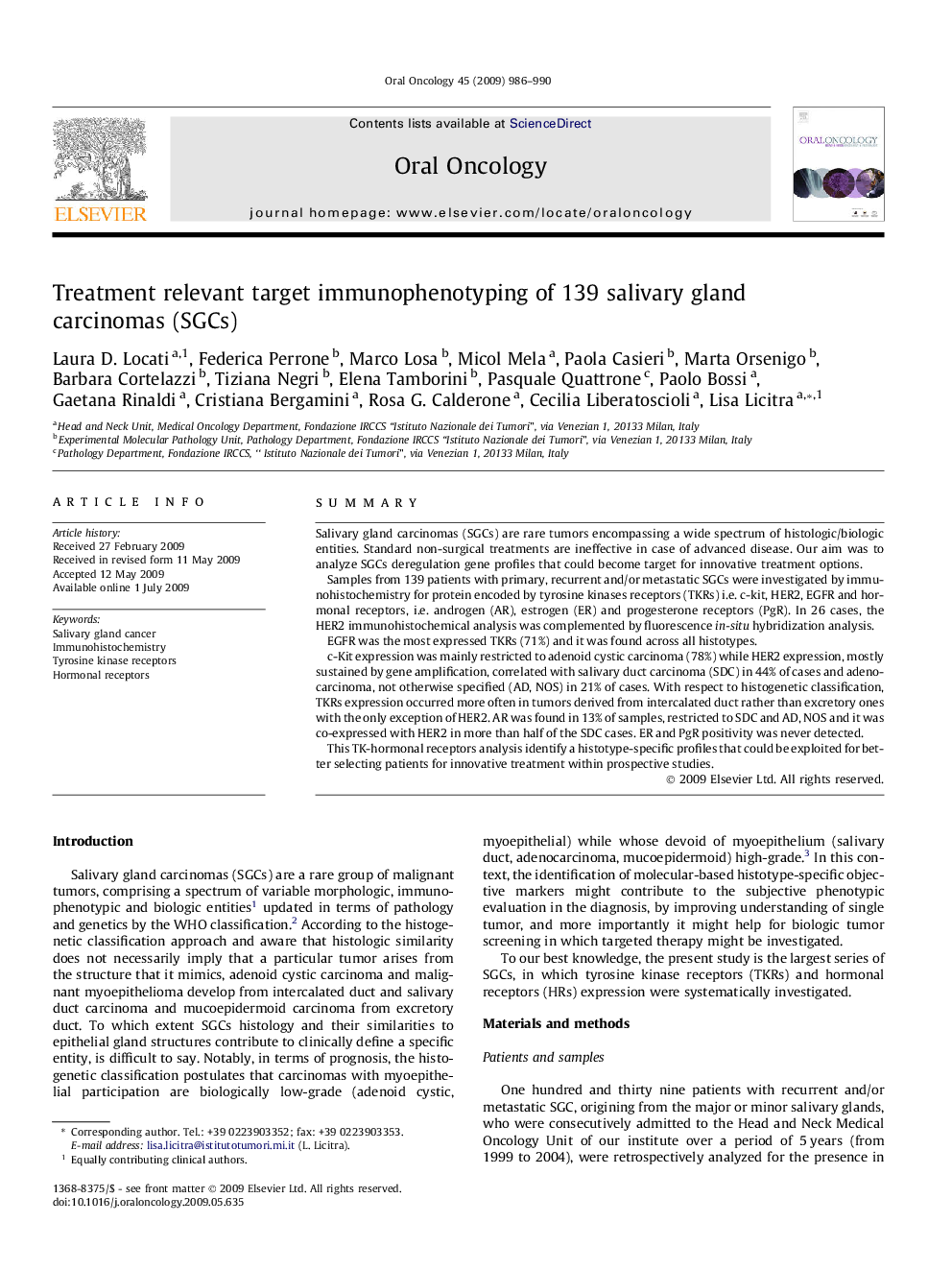 Treatment relevant target immunophenotyping of 139 salivary gland carcinomas (SGCs)