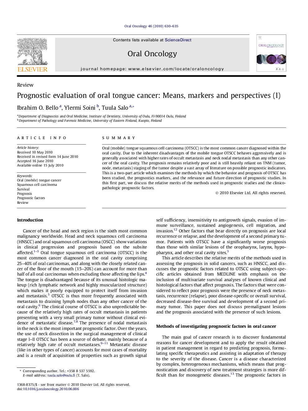 Prognostic evaluation of oral tongue cancer: Means, markers and perspectives (I)