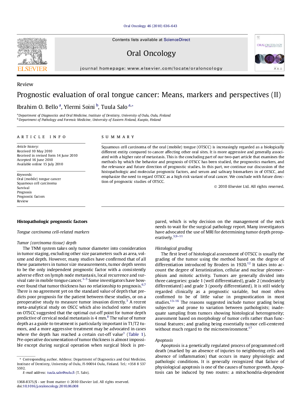 Prognostic evaluation of oral tongue cancer: Means, markers and perspectives (II)