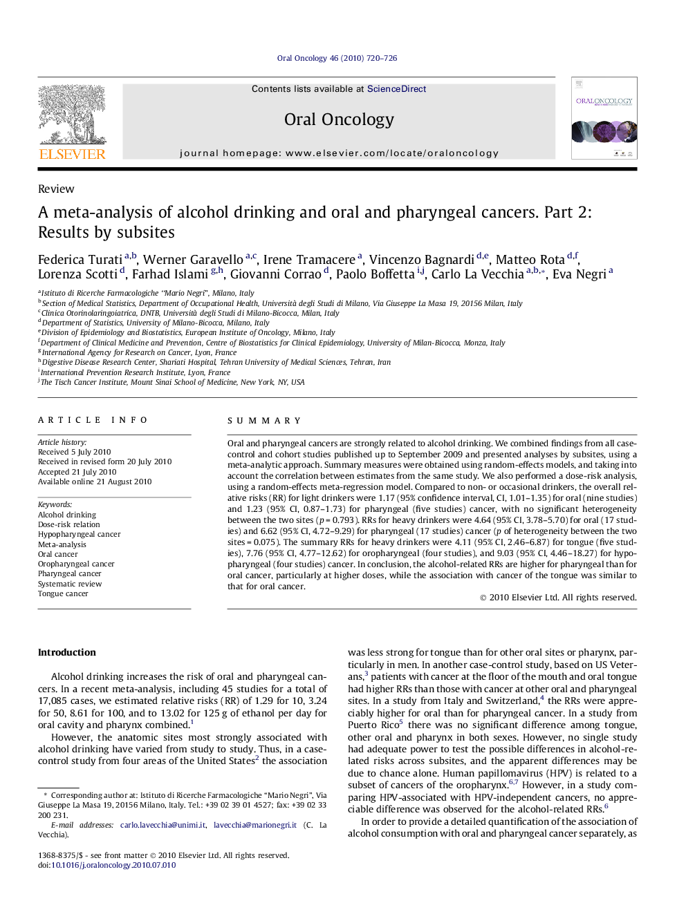 A meta-analysis of alcohol drinking and oral and pharyngeal cancers. Part 2: Results by subsites