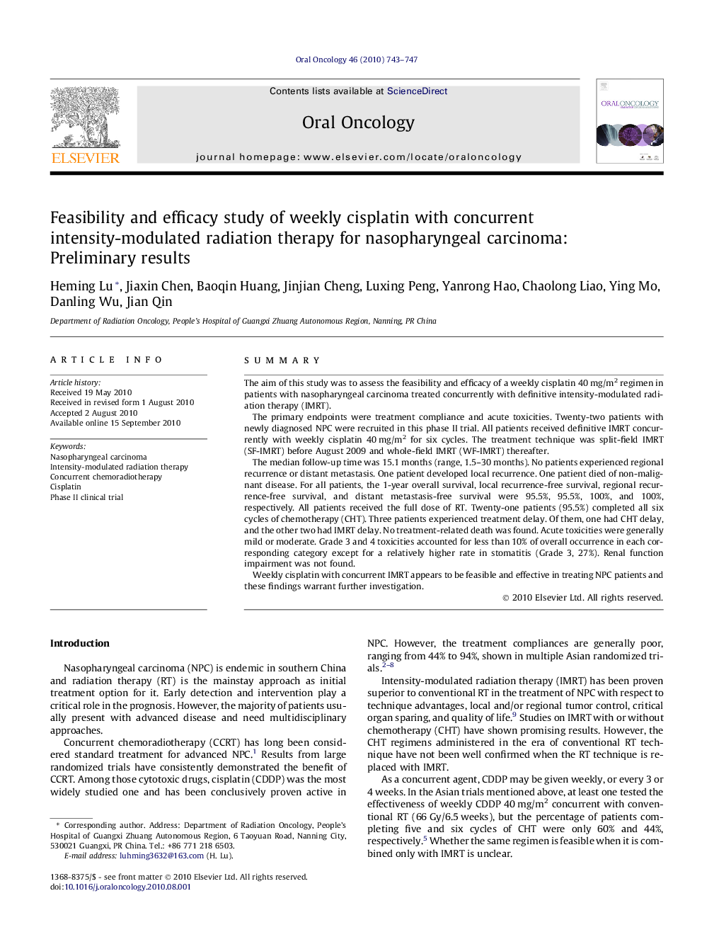 Feasibility and efficacy study of weekly cisplatin with concurrent intensity-modulated radiation therapy for nasopharyngeal carcinoma: Preliminary results