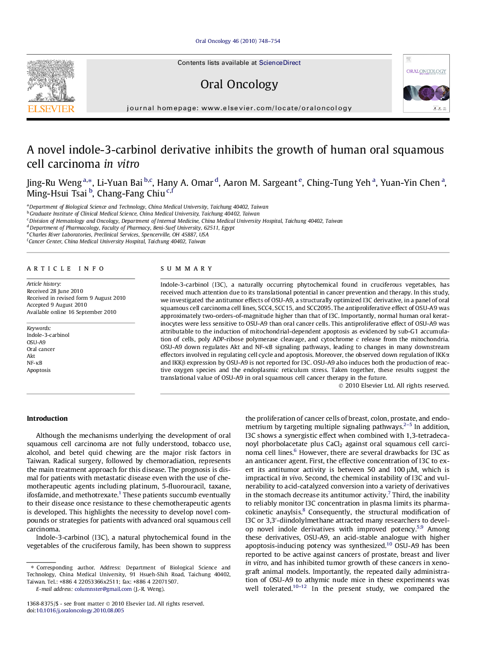 A novel indole-3-carbinol derivative inhibits the growth of human oral squamous cell carcinoma in vitro