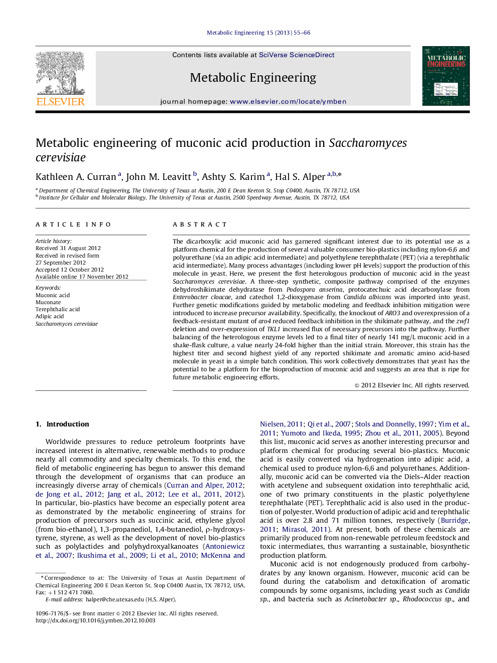 Metabolic engineering of muconic acid production in Saccharomyces cerevisiae