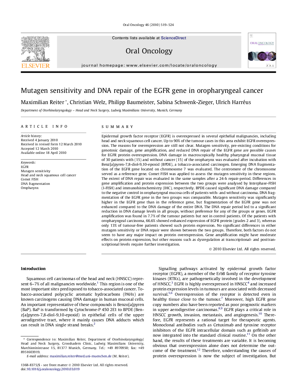 Mutagen sensitivity and DNA repair of the EGFR gene in oropharyngeal cancer