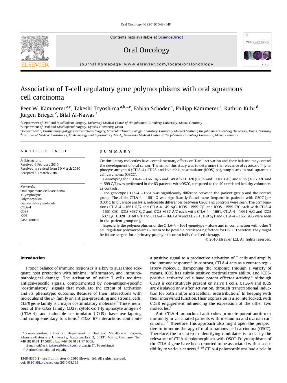 Association of T-cell regulatory gene polymorphisms with oral squamous cell carcinoma