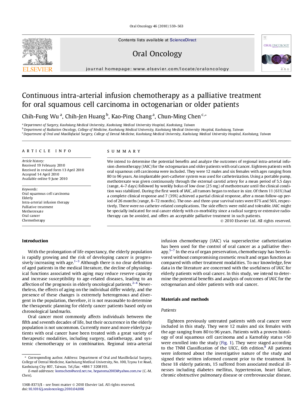 Continuous intra-arterial infusion chemotherapy as a palliative treatment for oral squamous cell carcinoma in octogenarian or older patients