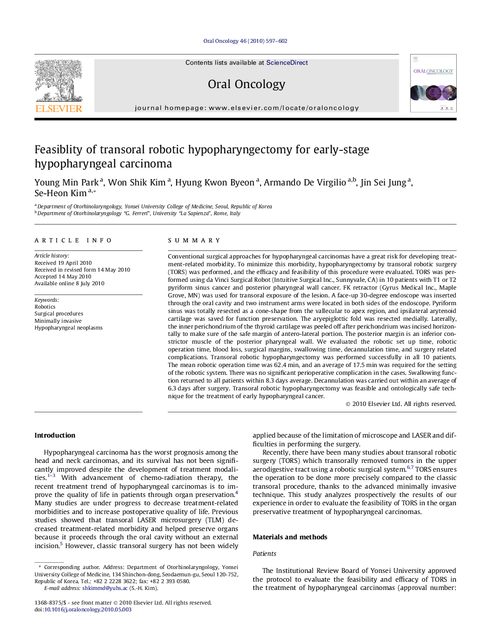 Feasiblity of transoral robotic hypopharyngectomy for early-stage hypopharyngeal carcinoma