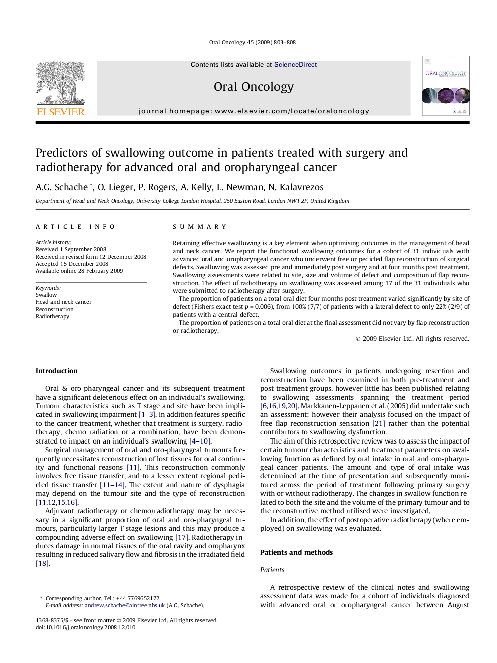 Predictors of swallowing outcome in patients treated with surgery and radiotherapy for advanced oral and oropharyngeal cancer