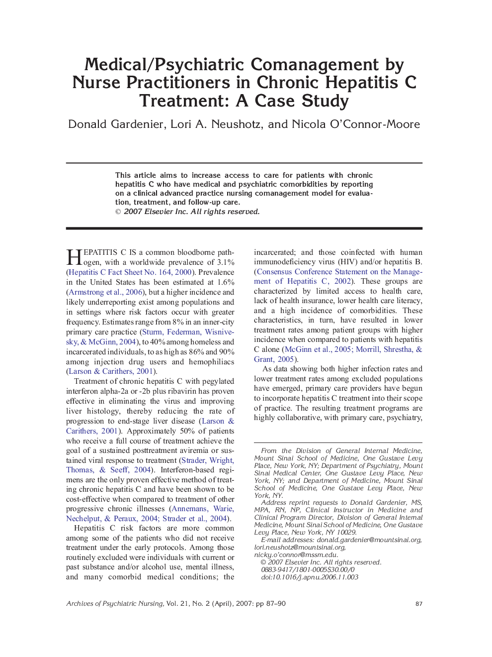 Medical/Psychiatric Comanagement by Nurse Practitioners in Chronic Hepatitis C Treatment: A Case Study