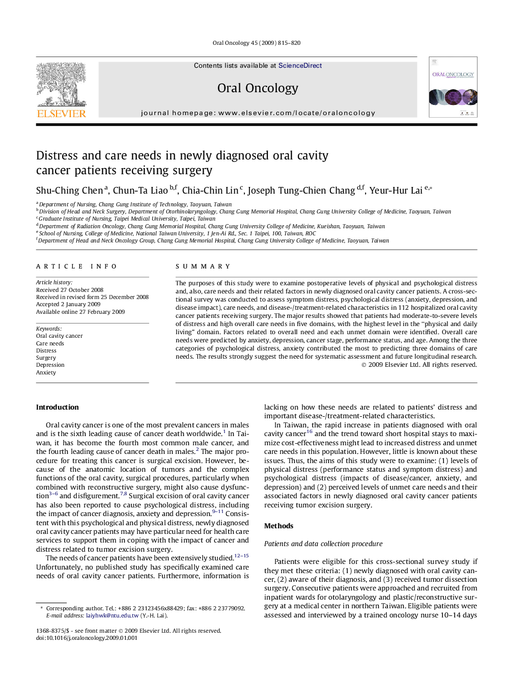 Distress and care needs in newly diagnosed oral cavity cancer patients receiving surgery