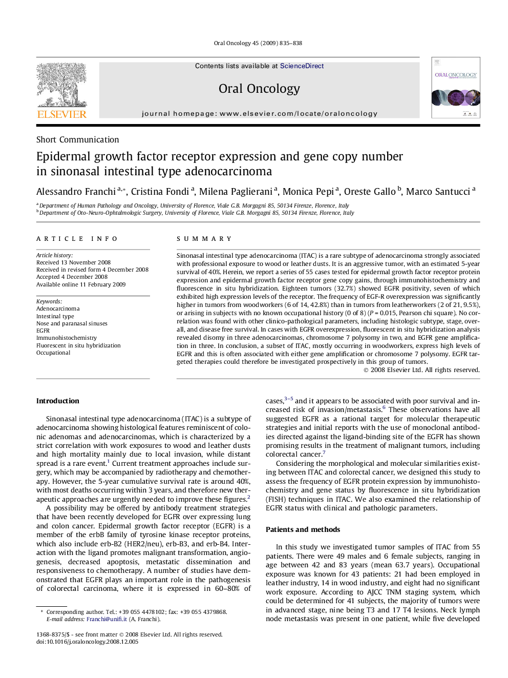 Epidermal growth factor receptor expression and gene copy number in sinonasal intestinal type adenocarcinoma