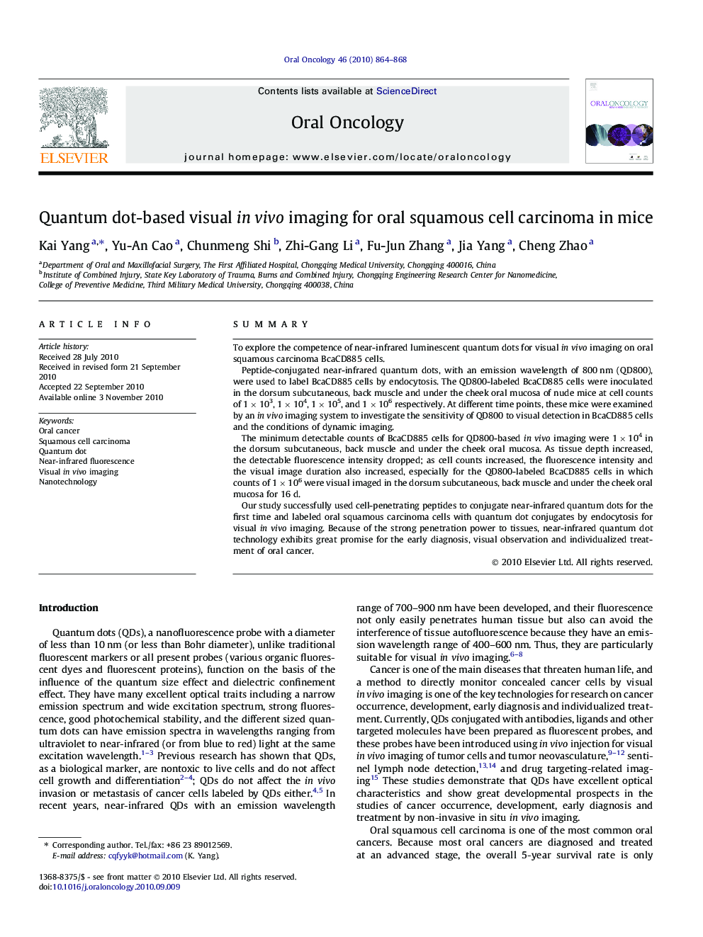 Quantum dot-based visual in vivo imaging for oral squamous cell carcinoma in mice