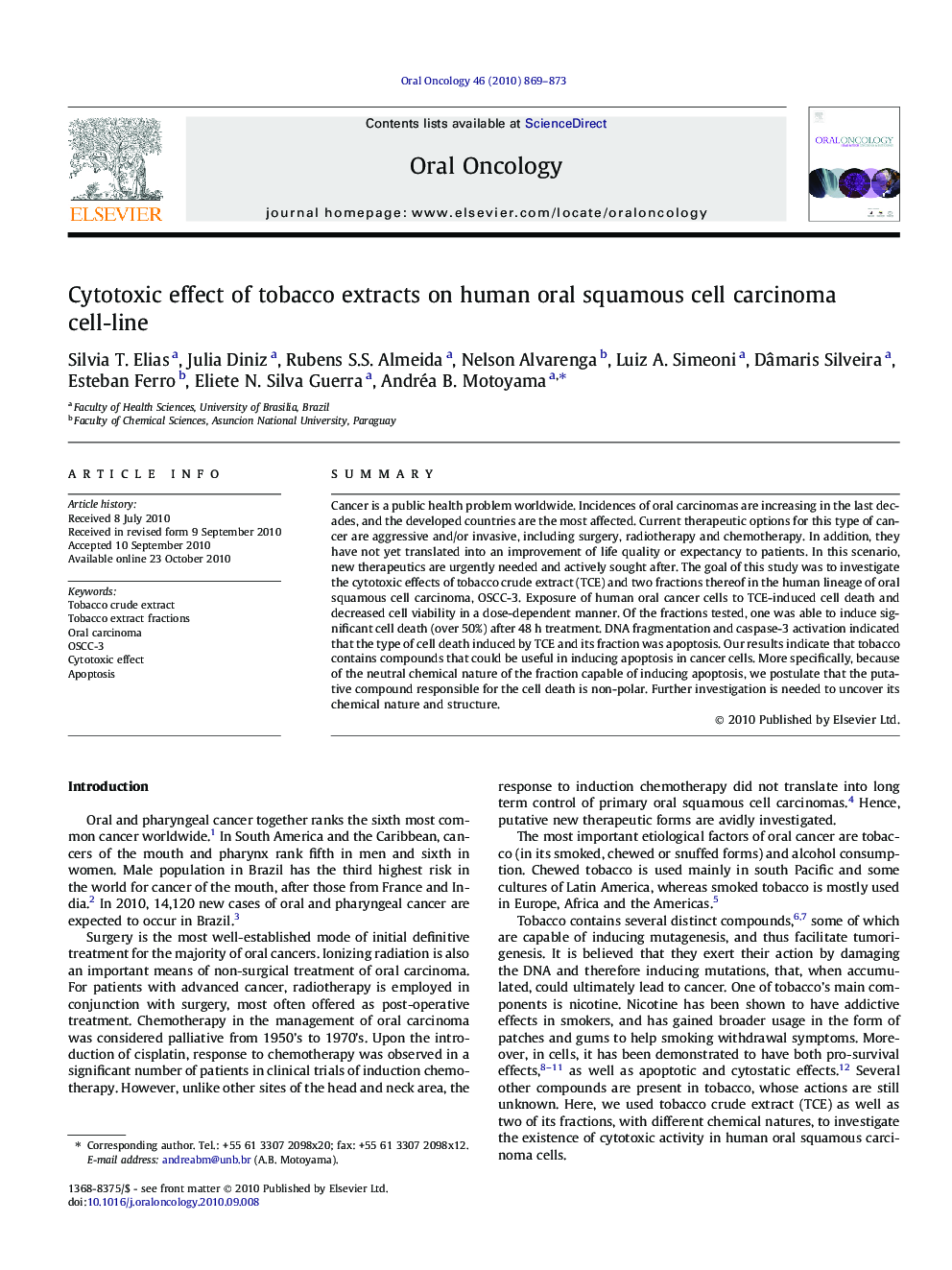 Cytotoxic effect of tobacco extracts on human oral squamous cell carcinoma cell-line