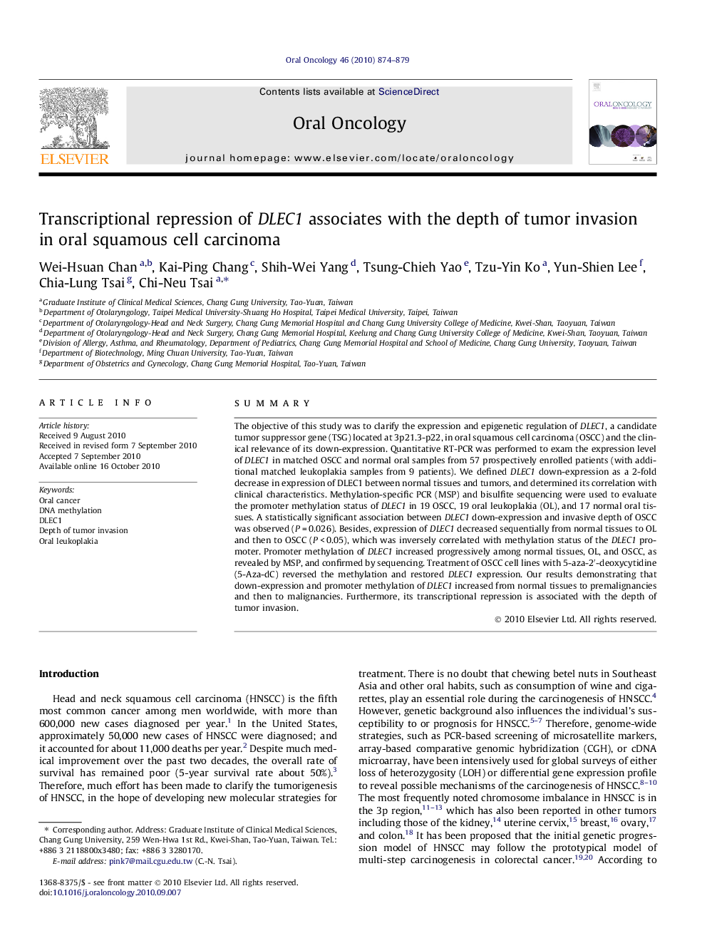 Transcriptional repression of DLEC1 associates with the depth of tumor invasion in oral squamous cell carcinoma