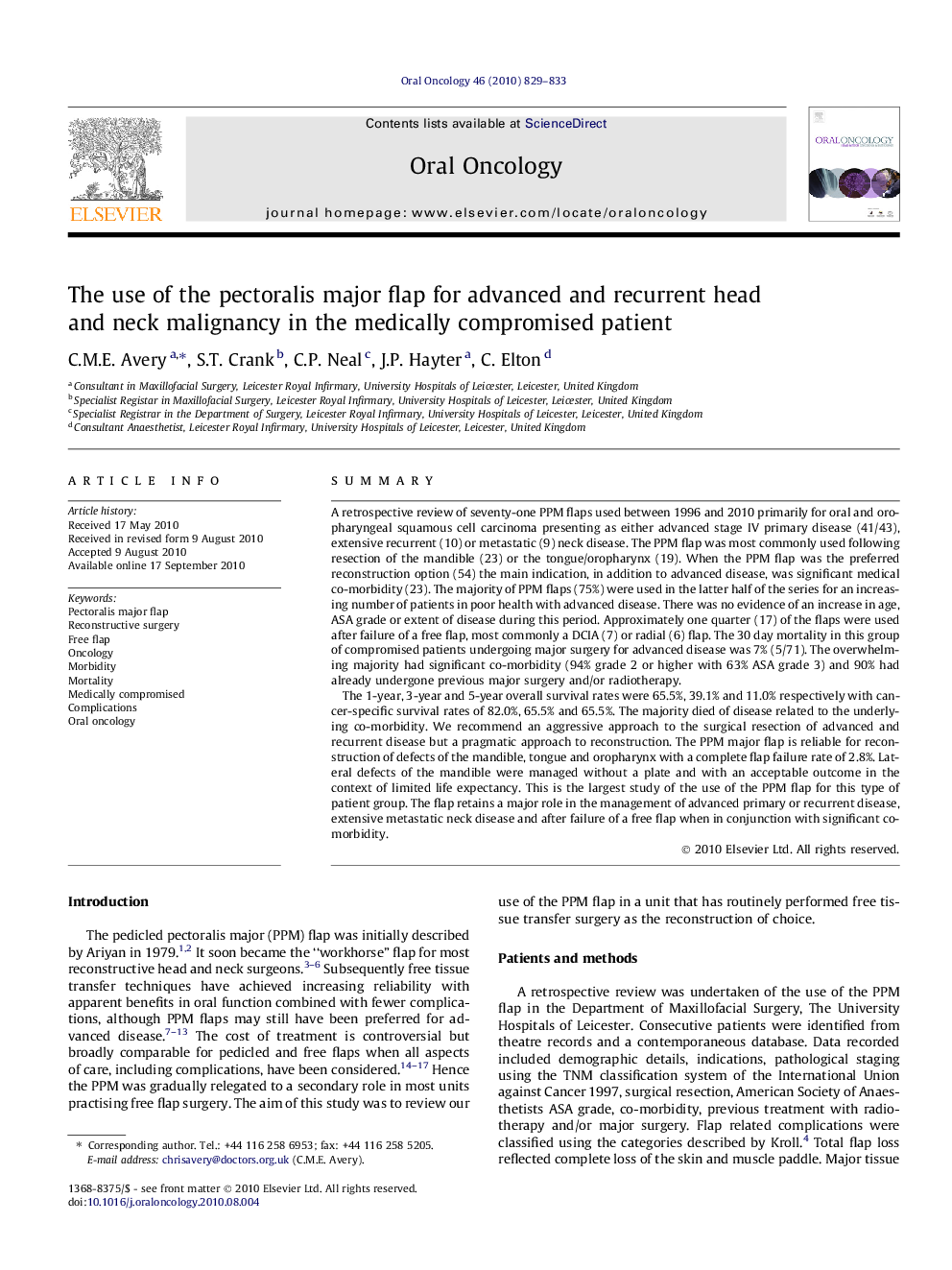 The use of the pectoralis major flap for advanced and recurrent head and neck malignancy in the medically compromised patient