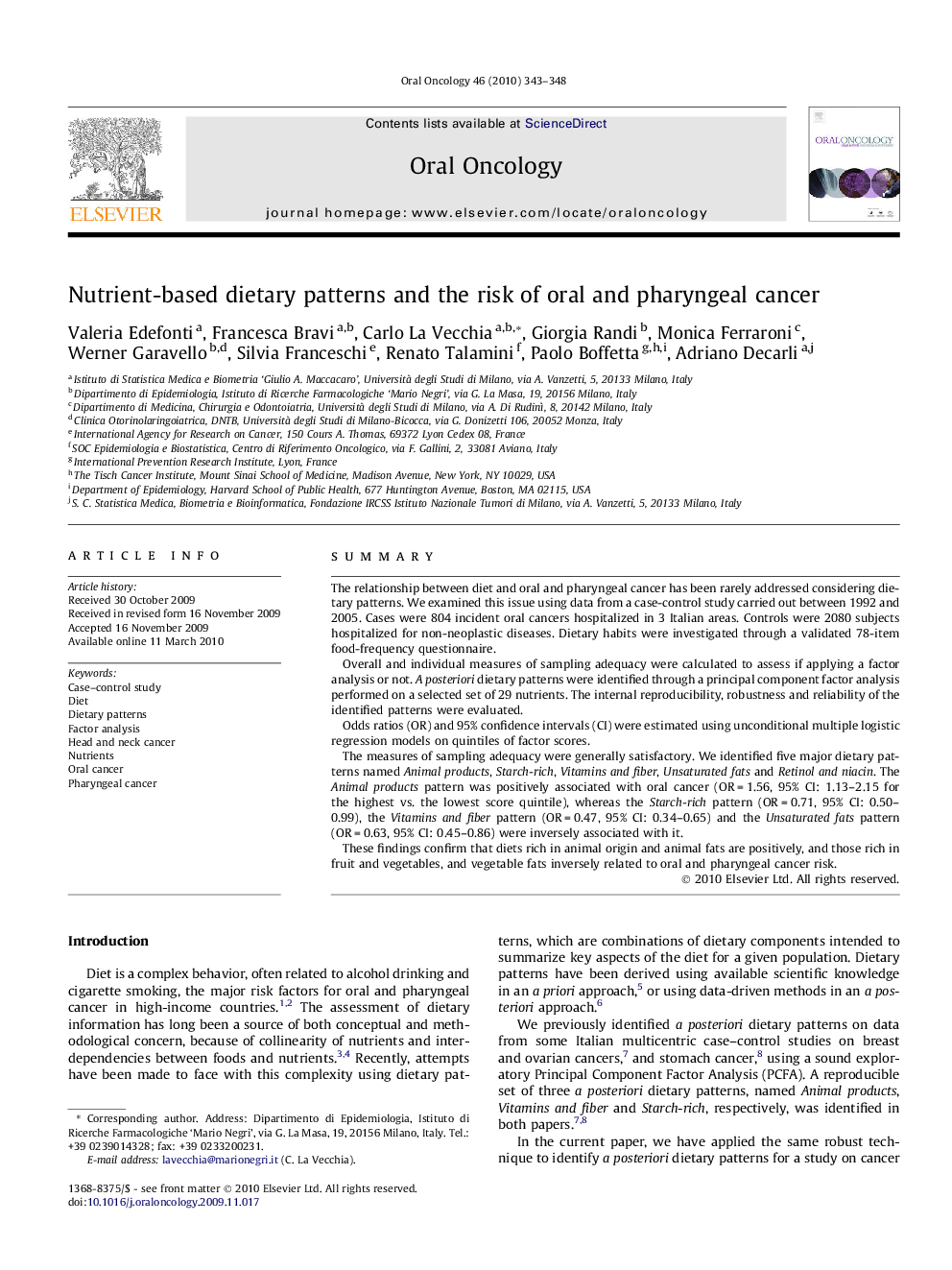 Nutrient-based dietary patterns and the risk of oral and pharyngeal cancer