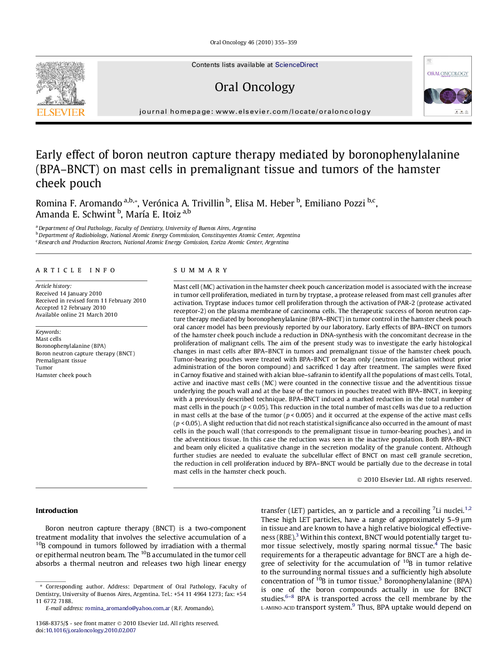 Early effect of boron neutron capture therapy mediated by boronophenylalanine (BPA–BNCT) on mast cells in premalignant tissue and tumors of the hamster cheek pouch