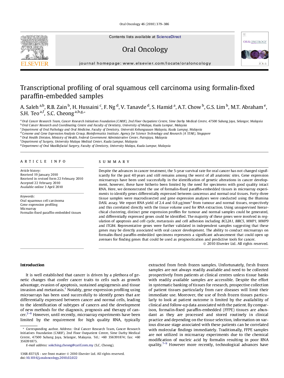 Transcriptional profiling of oral squamous cell carcinoma using formalin-fixed paraffin-embedded samples