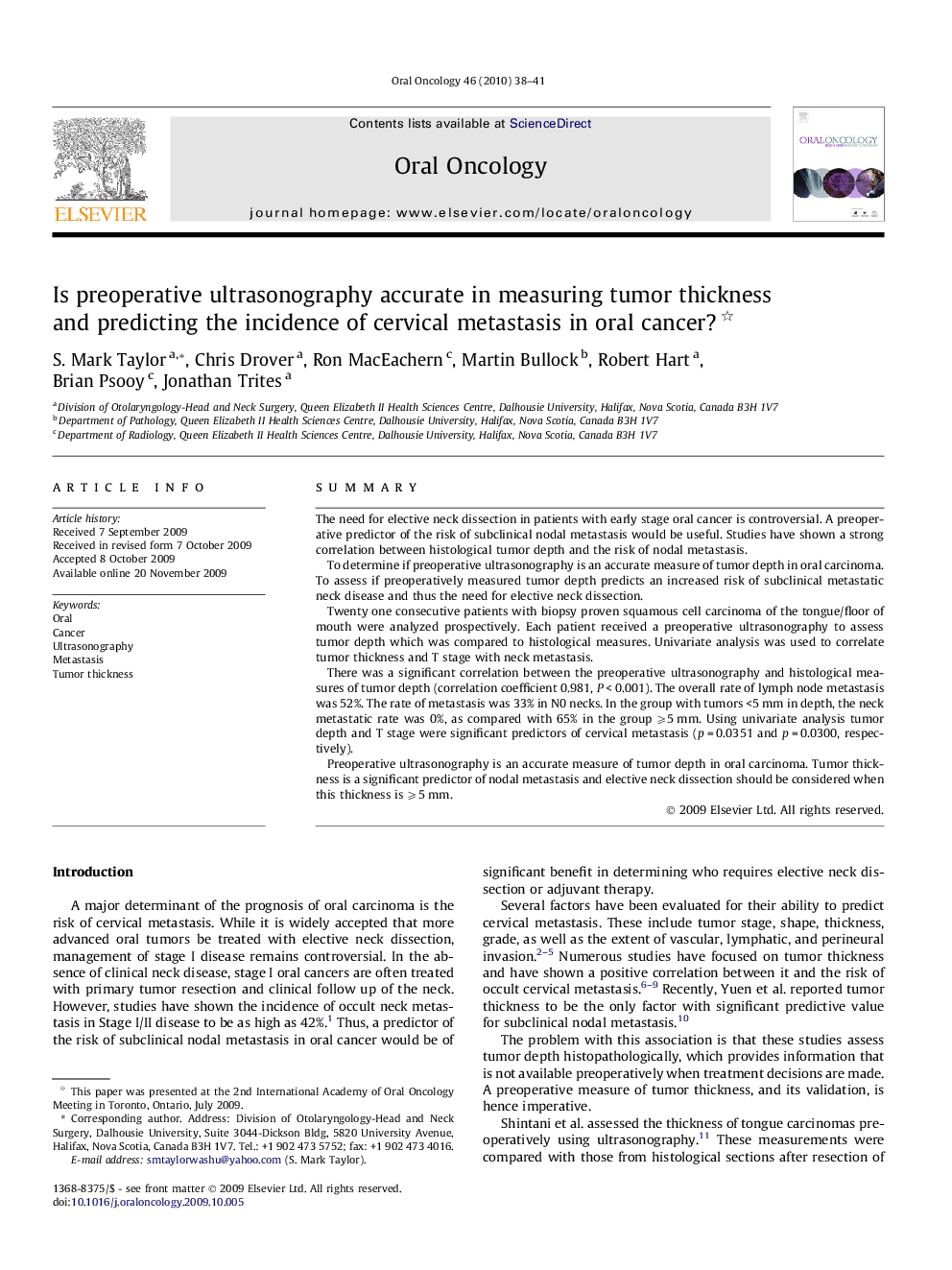 Is preoperative ultrasonography accurate in measuring tumor thickness and predicting the incidence of cervical metastasis in oral cancer? 