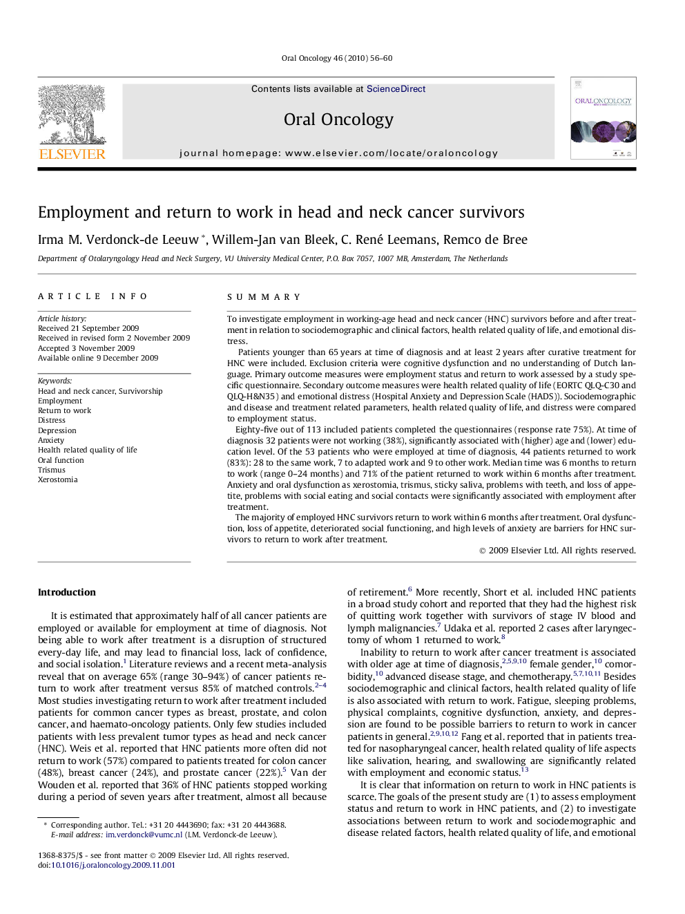 Employment and return to work in head and neck cancer survivors
