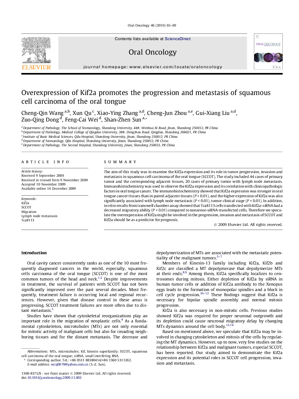 Overexpression of Kif2a promotes the progression and metastasis of squamous cell carcinoma of the oral tongue