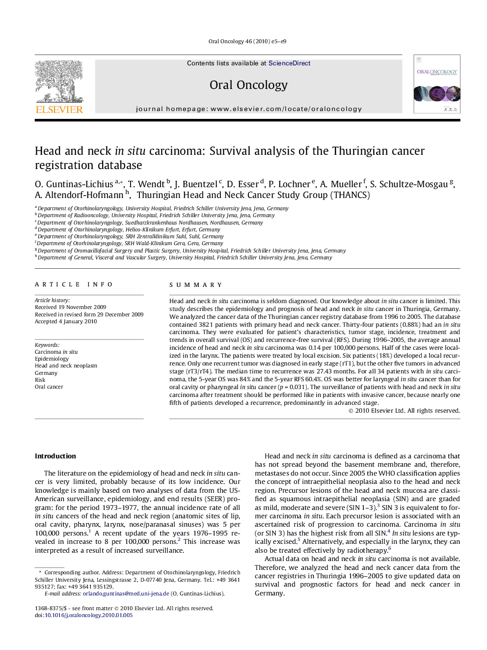 Head and neck in situ carcinoma: Survival analysis of the Thuringian cancer registration database