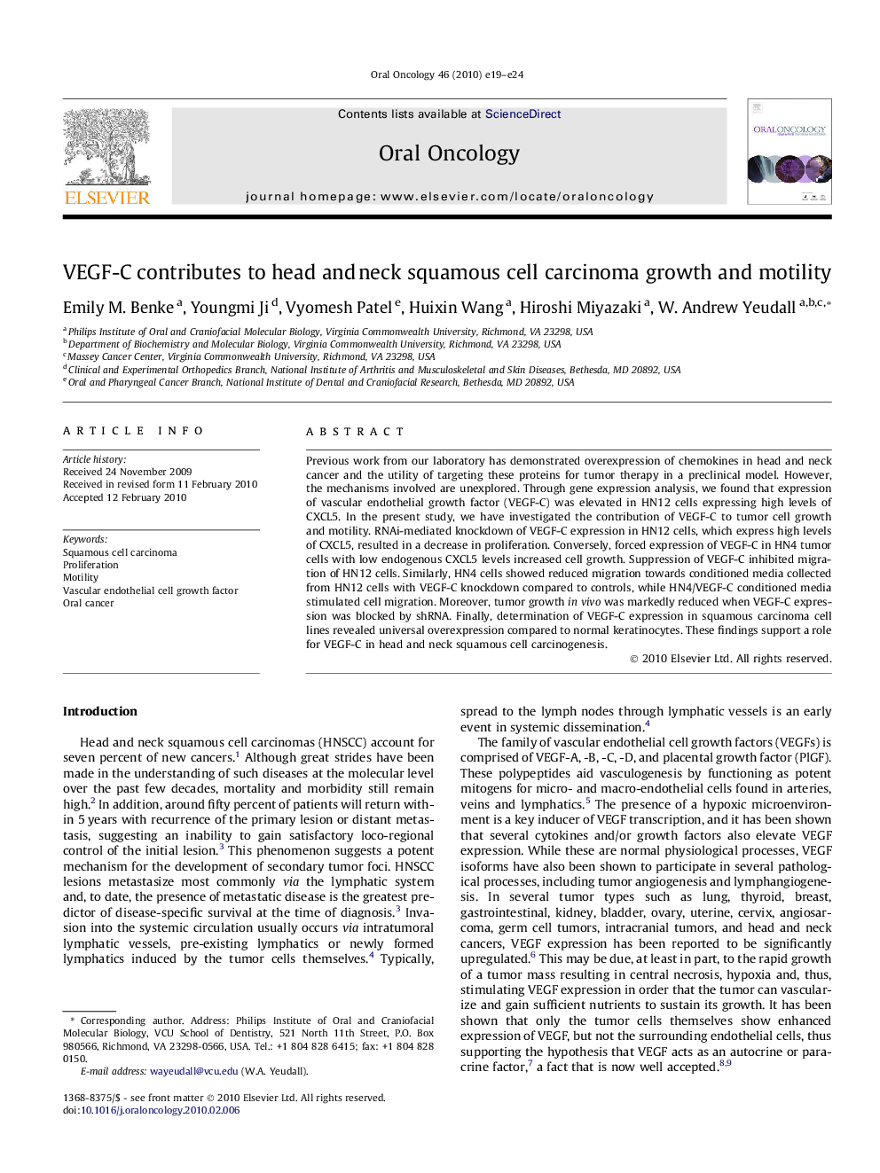 VEGF-C contributes to head and neck squamous cell carcinoma growth and motility