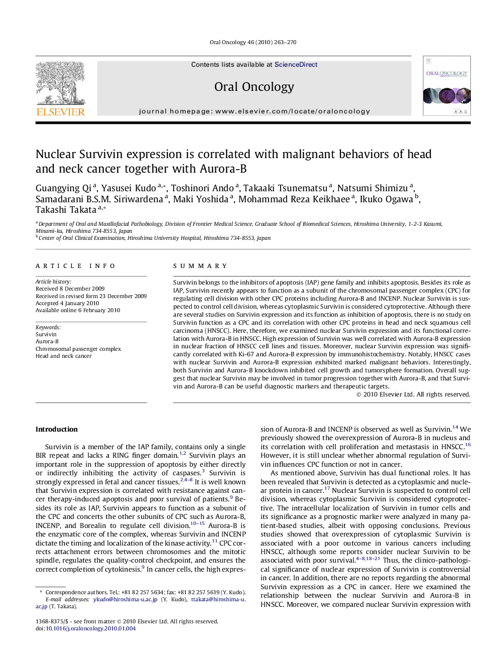 Nuclear Survivin expression is correlated with malignant behaviors of head and neck cancer together with Aurora-B