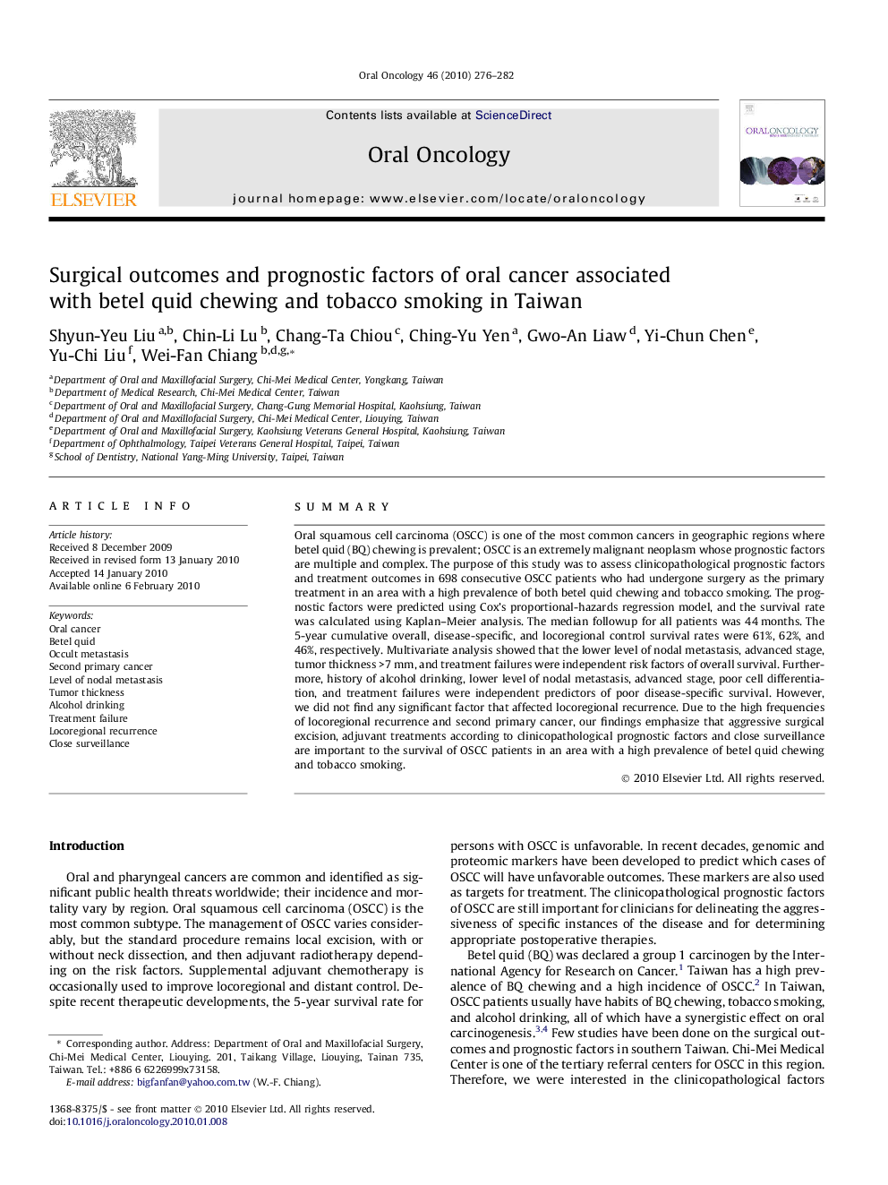 Surgical outcomes and prognostic factors of oral cancer associated with betel quid chewing and tobacco smoking in Taiwan