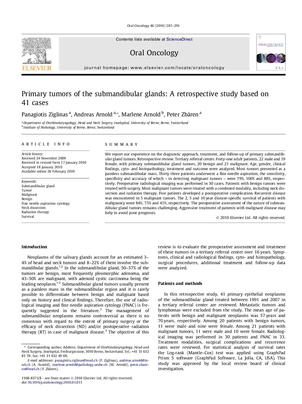 Primary tumors of the submandibular glands: A retrospective study based on 41 cases