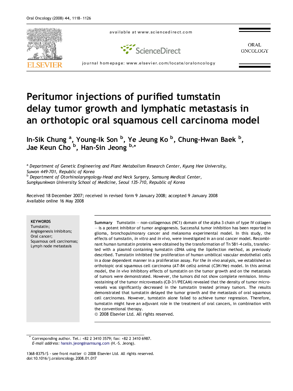 Peritumor injections of purified tumstatin delay tumor growth and lymphatic metastasis in an orthotopic oral squamous cell carcinoma model