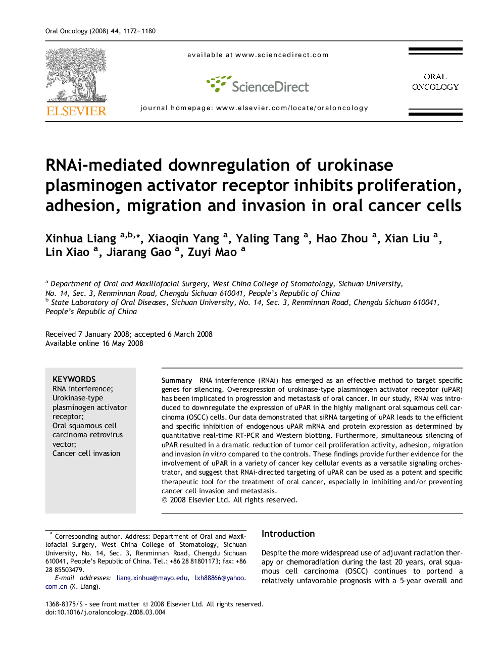 RNAi-mediated downregulation of urokinase plasminogen activator receptor inhibits proliferation, adhesion, migration and invasion in oral cancer cells