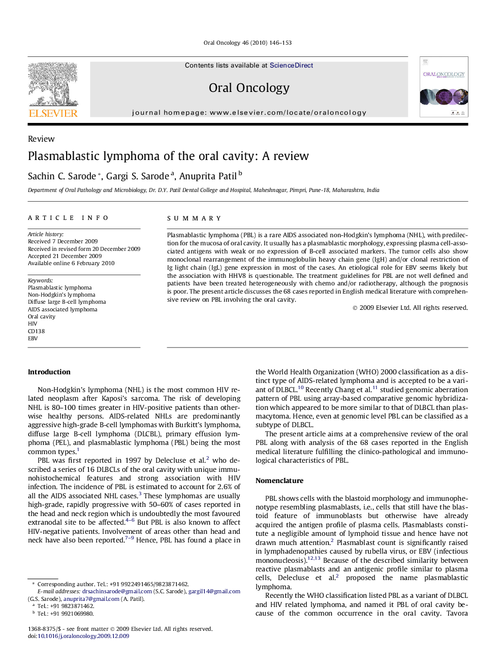 Plasmablastic lymphoma of the oral cavity: A review