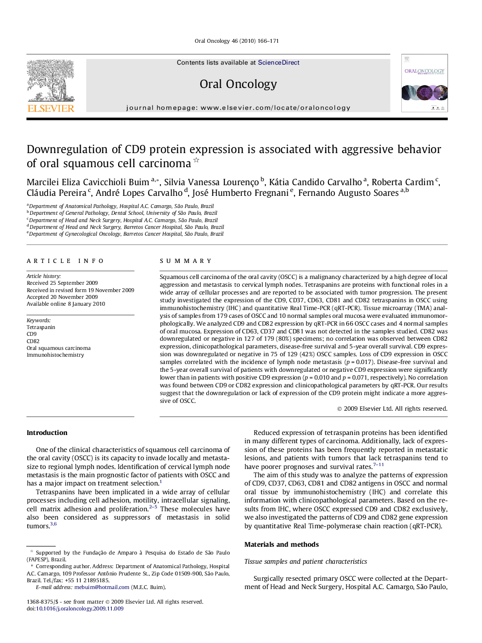 Downregulation of CD9 protein expression is associated with aggressive behavior of oral squamous cell carcinoma 