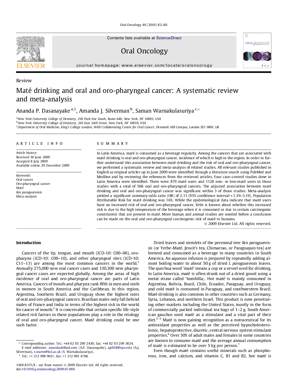 Maté drinking and oral and oro-pharyngeal cancer: A systematic review and meta-analysis